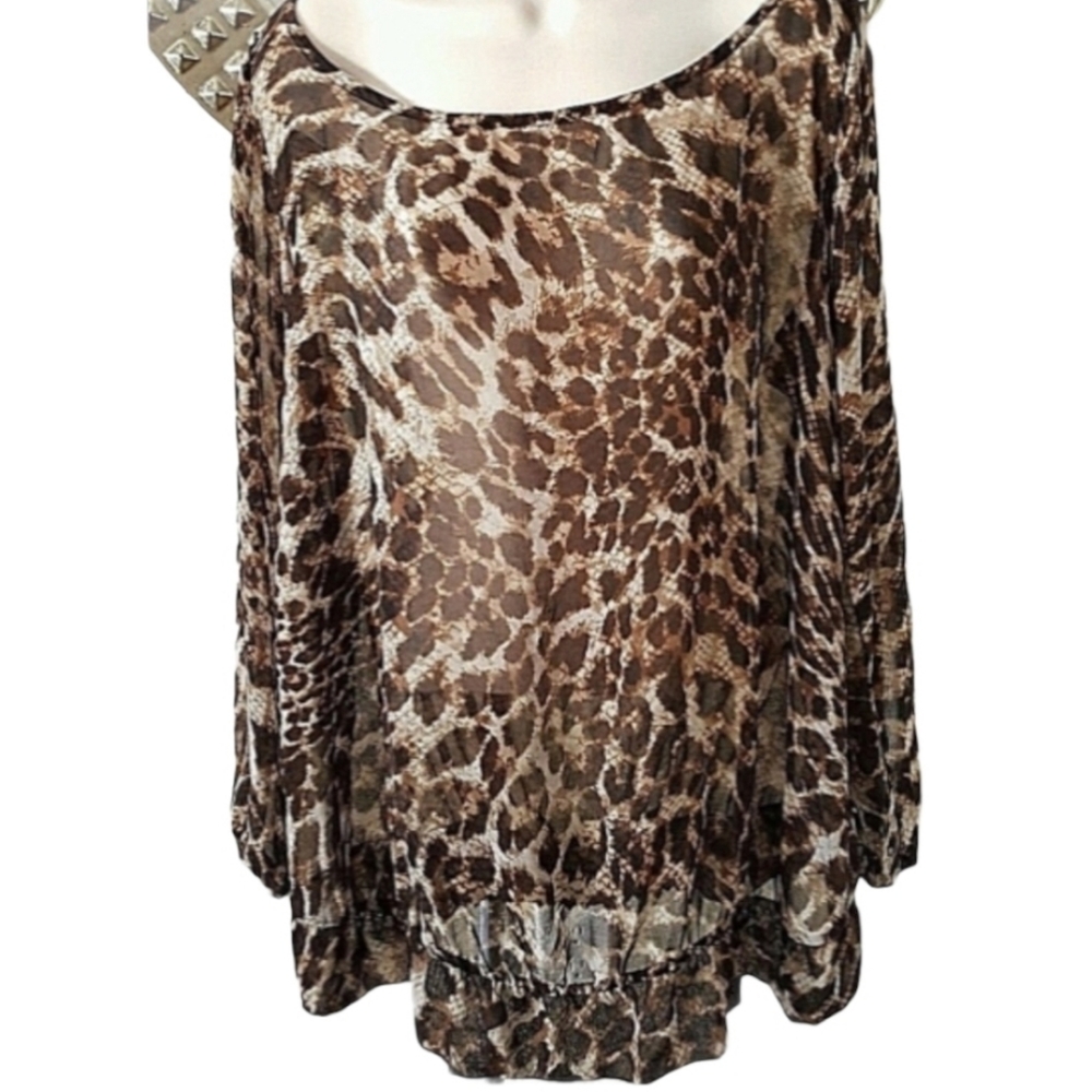 IGIGI Animal Print Top Blouse Cheetah Brown Size 14/16 Sheer Boat Neck *